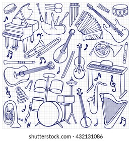 Hand drawn doodle music instruments and objects