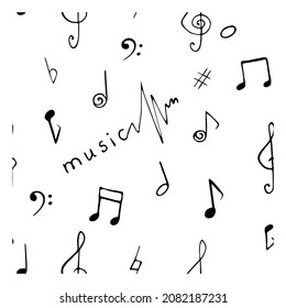 Hand drawn doodle  music notes, elements and signature isolated seamless pattern, music text, phrase. Sketch, vector illustration. 