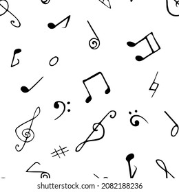 Hand drawn doodle  music notes, elements and signature isolated seamless pattern. Sketch, vector illustration. 