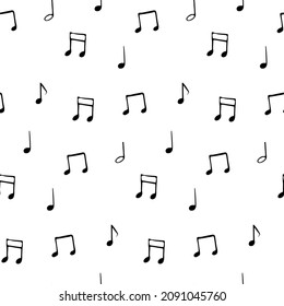 Las notas musicales de doodle dibujadas a mano muestran un patrón ininterrumpido. Esbozo, ilustración vectorial.