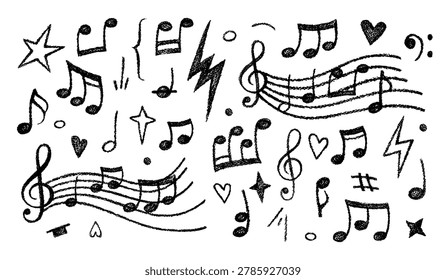 Hand drawn doodle music notes. Crayon icons of musical marks and symbols with notes, staff, treble clef isolated on white background, vector illustration