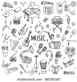 Hand drawn doodle Music set Vector illustration musical instrument and symbols icons collections Cartoon sound concept elements Music notes Piano Guitar Violin Trumpet Drum Gramophone Saxophone Harp