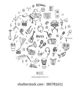 Hand drawn doodle Music set Vector illustration musical instrument and symbols icons collections Cartoon sound concept elements Music notes Piano Guitar Violin Trumpet Drum Gramophone Saxophone Harp