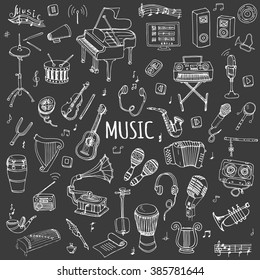 Hand drawn doodle Music set Vector illustration musical instrument and symbols icons collections Cartoon sound concept elements Music notes Piano Guitar Violin Trumpet Drum Gramophone Saxophone Harp