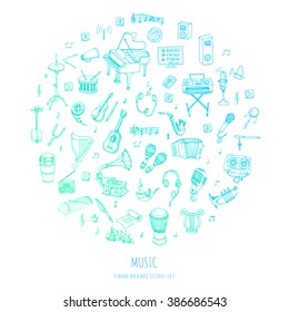 Hand drawn doodle Music set Vector illustration musical instrument and symbols icons collections Cartoon sound concept elements Music notes Piano Guitar Violin Trumpet Drum Gramophone Saxophone Harp