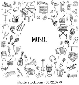 Hand drawn doodle Music set Vector illustration musical instrument and symbols icons collections Cartoon sound concept elements Music notes Piano Guitar Violin Trumpet Drum Gramophone Saxophone Harp