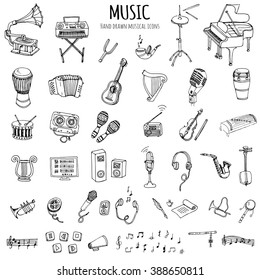 Hand Drawn Doodle Music Set Vector Illustration Musical Instrument And Symbols Icons Collections Cartoon Sound Concept Elements Music Notes Piano Guitar Violin Trumpet Drum Gramophone Saxophone Harp