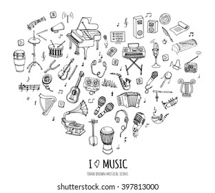 Hand drawn doodle Music set Vector illustration musical instrument and symbols icons collections Cartoon sound concept elements Music notes Piano Guitar Violin Trumpet Drum Gramophone Saxophone Harp