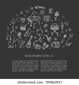 Hand drawn doodle Music set Vector illustration musical instrument and symbols icons collections Cartoon sound concept elements Music notes Piano Guitar Violin Trumpet Drum Gramophone Saxophone Harp