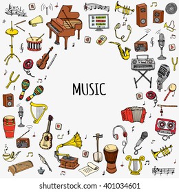 Hand drawn doodle Music set Vector illustration musical instrument and symbols icons collections Cartoon sound concept elements Music notes Piano Guitar Violin Trumpet Drum Gramophone Saxophone Harp