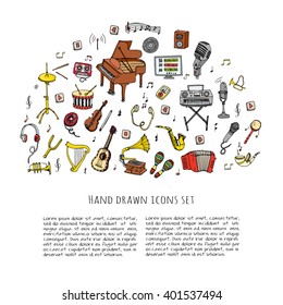 Hand drawn doodle Music set Vector illustration musical instrument and symbols icons collections Cartoon sound concept elements Music notes Piano Guitar Violin Trumpet Drum Gramophone Saxophone Harp