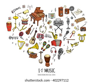Hand drawn doodle Music set Vector illustration musical instrument and symbols icons collections Cartoon sound concept elements Music notes Piano Guitar Violin Trumpet Drum Gramophone Saxophone Harp