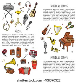Hand drawn doodle Music set Vector illustration musical instrument and symbols icons collections Cartoon sound concept elements Music notes Piano Guitar Violin Trumpet Drum Gramophone Saxophone Harp