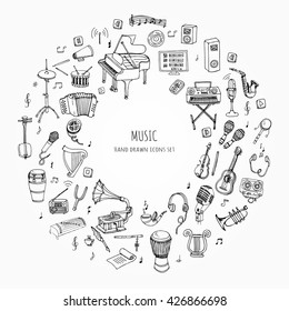 Hand drawn doodle Music set Vector illustration musical instrument and symbols icons collections Cartoon sound concept elements Music notes Piano Guitar Violin Trumpet Drum Gramophone Saxophone Harp