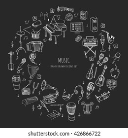 Hand drawn doodle Music set Vector illustration musical instrument and symbols icons collections Cartoon sound concept elements Music notes Piano Guitar Violin Trumpet Drum Gramophone Saxophone Harp