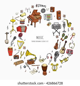 Hand drawn doodle Music set Vector illustration musical instrument and symbols icons collections Cartoon sound concept elements Music notes Piano Guitar Violin Trumpet Drum Gramophone Saxophone Harp
