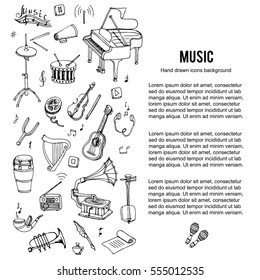 Hand drawn doodle Music set. Vector illustration. Musical instrument and symbols icons collection. Cartoon sound elements: Notes, Piano, Guitar, Violin, Trumpet, Drum, Gramophone, Headphones, Cassette