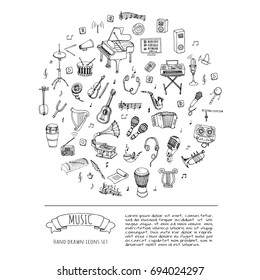 Hand drawn doodle Music set Vector illustration musical instrument and symbols icons collections Cartoon sound concept elements Music notes Piano Guitar Violin Trumpet Drum Gramophone Saxophone Harp
