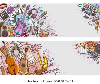 Hand drawn doodle musical banners with different musical instruments. Vector illustration. Music styles conceptual backgrounds