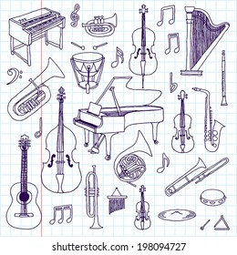 Hand drawn doodle musical instruments. Classical orchestra. Vector illustration. School notebook.