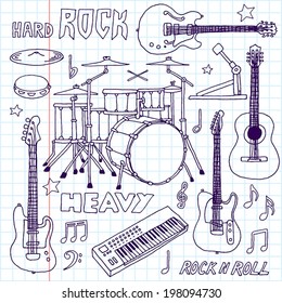 Hand drawn doodle musical instruments. Rock band set. Vector illustration. School notebook.