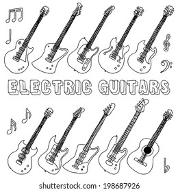 Hand drawn doodle musical instruments. Electric guitars. Vector illustration.  