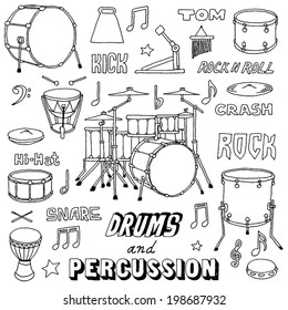 Hand drawn doodle musical instruments. Drums and Percussion. Vector illustration.  