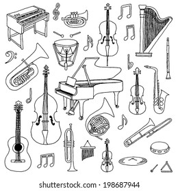 Hand drawn doodle musical instruments. Classical orchestra. Vector illustration.  