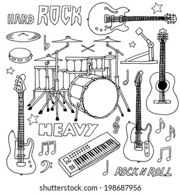 Hand drawn doodle musical instruments. Rock band set. Vector illustration.  