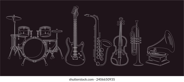 Hand drawn doodle musical instruments. Classical orchestra. Vector illustration.