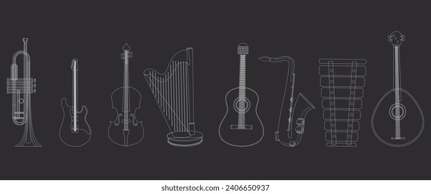 Hand drawn doodle musical instruments. Classical orchestra. Vector illustration.