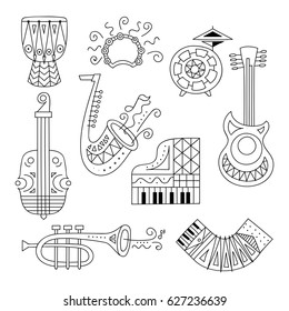 Hand drawn doodle musical instruments set. Decorative vector illustration