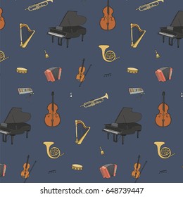 Hand drawn doodle musical instruments vector graphic pattern