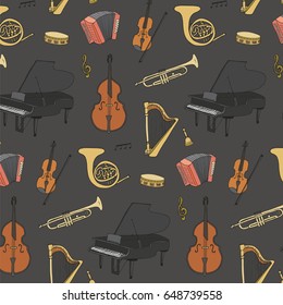 Hand drawn doodle musical instruments vector graphic pattern