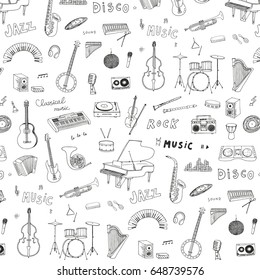 Hand drawn doodle musical instruments vector graphic pattern