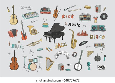 Hand drawn doodle musical instruments vector graphic illustrations set