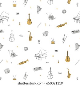 Hand drawn doodle musical instruments vector graphic pattern