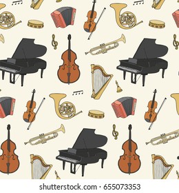 Hand drawn doodle musical instruments vector graphic pattern