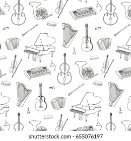 Hand drawn doodle musical instruments vector graphic pattern