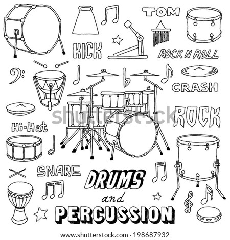 Hand drawn doodle musical instruments. Drums and Percussion. Vector illustration.  