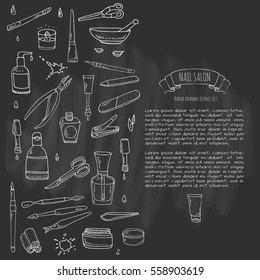 Hand drawn doodle Nail salon icons set. Vector illustration. Manicure accessories collection. Cartoon various sketch pedicure tools elements: polish, bottle, brush, varnish, scissors, lotion, cream