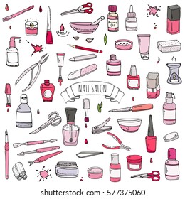 Hand drawn doodle Nail salon icons set. Vector illustration. Manicure accessories collection. Cartoon various sketch pedicure tools elements: polish, bottle, brush, varnish, scissors, lotion, cream