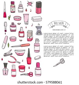 Hand drawn doodle Nail salon icons set. Vector illustration. Manicure accessories collection. Cartoon various sketch pedicure tools elements: polish, bottle, brush, varnish, scissors, lotion, cream