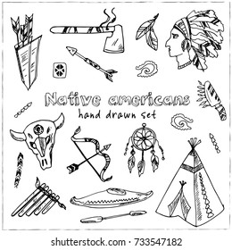 Hand drawn doodle native americans set. Vector illustration. Isolated elements on white background. Symbol collection. 