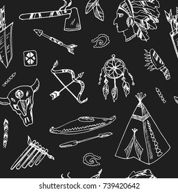 Hand drawn doodle native americans seamless pattern Vector illustration. Symbol collection.