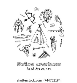 Hand drawn doodle native americans set. Vector illustration. Isolated elements on white background. Symbol collection.