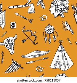 Hand drawn doodle native americans seamless pattern Vector illustration. Symbol collection.