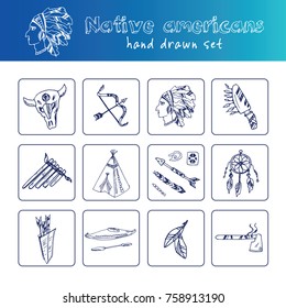 Hand drawn doodle native americans set. Vector illustration. Isolated elements on white background. Symbol collection.