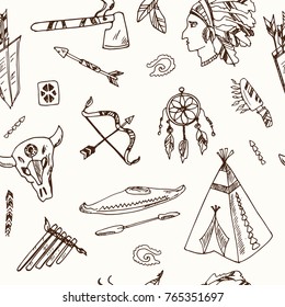 Hand drawn doodle native americans seamless pattern Vector illustration. Symbol collection.