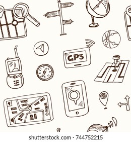 Hand drawn doodle navigation seamless pattern Vector illustration Symbol collection.